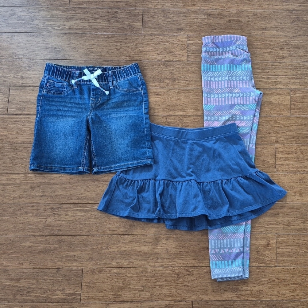 Blue Denim Shorts and Skirt with Patterned Leggings